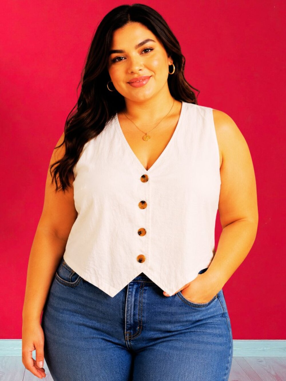 SHEIN Curve 3XL White Cotton Button Front Vest Top Plus Size Waistcoat